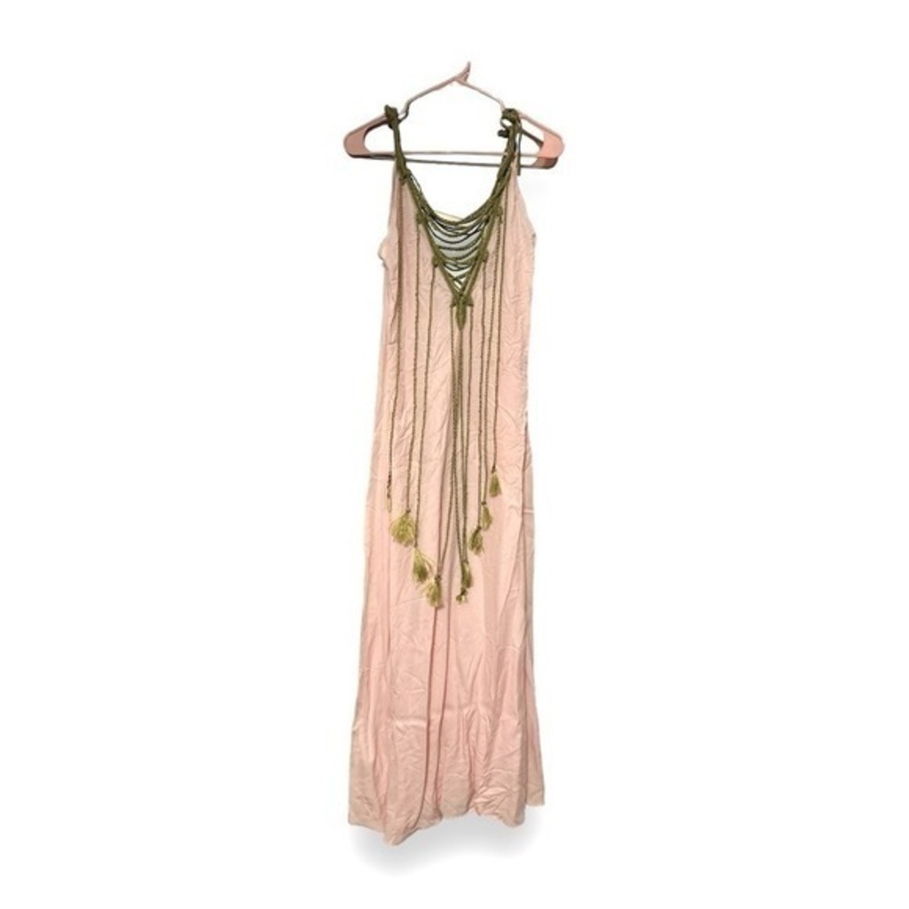 My Beachy Side Monarch Maxi Dress Pink Olive Green Crochet Tassel Resortwear M - Picture 7 of 10